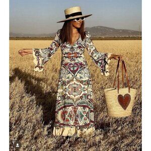 💕ZARA💕 Printed Midi Dress ~ Multi-Color Abstract Botanical Print Small S NWT
